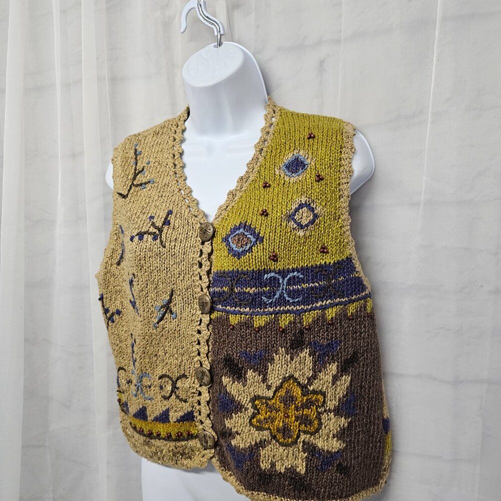 Vintage Sigrid Olsen Vest Knit Beaded Embroidered Boho Cottage Button L - Picture 3 of 8